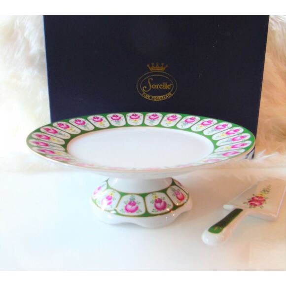 NEW Sorrel English Rose CAKE PLATTER STAND & SERVER Porcelain Pedestal Roses BOX - Picture 9 of 10